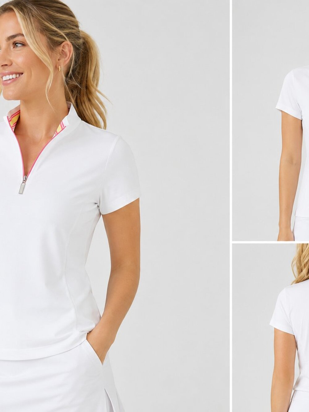 EP Pro Tour Dry White Golf Top Medium 1/4 Zip Pink Trim Short Sleeve